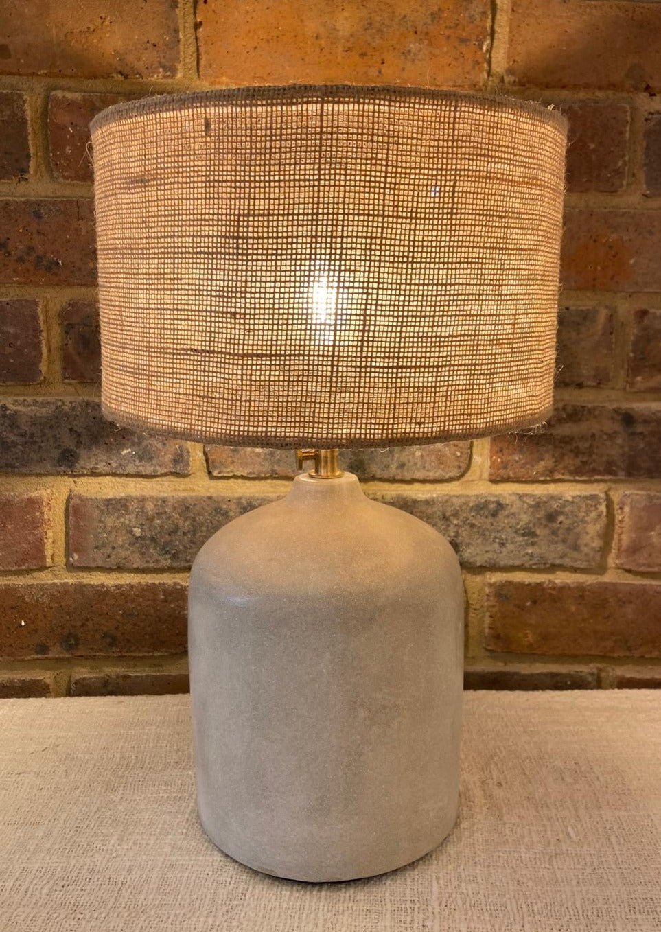 Rustic Elegance Cylinder Table Lamp with Hessian Shade and Polished Cement Base